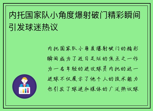 内托国家队小角度爆射破门精彩瞬间引发球迷热议 内托国家队小角度爆射破门精彩瞬间引发球迷热议